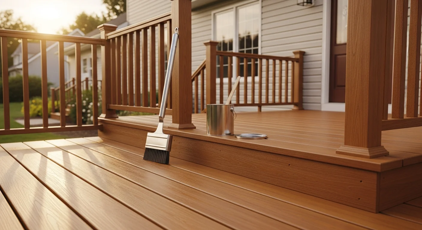 Newly constructed wooden deck with professional stain finish