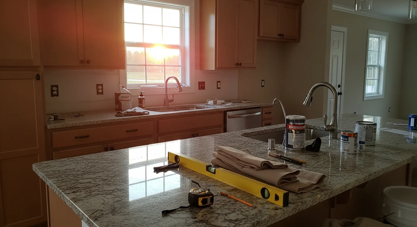 Interior remodeling work in progress showing kitchen and bathroom construction