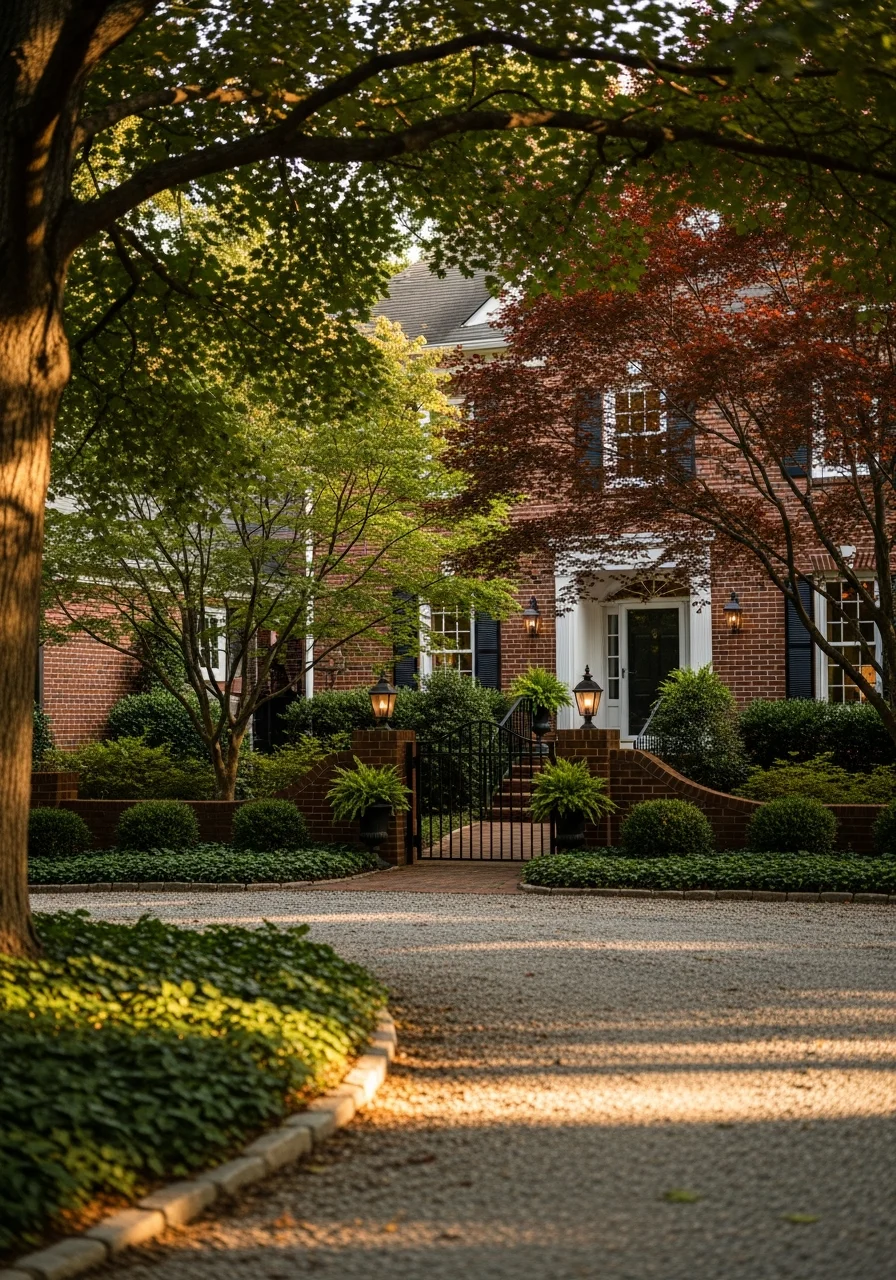 Portrait view of a Bedford property entrance showing traditional exterior details and tree-lined approach.