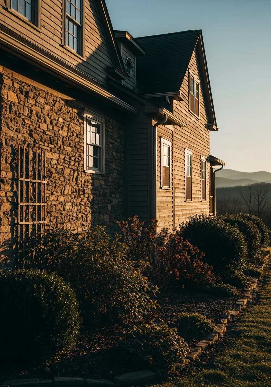Close-up of a Botetourt County home exterior with mountain backdrop and natural landscape.