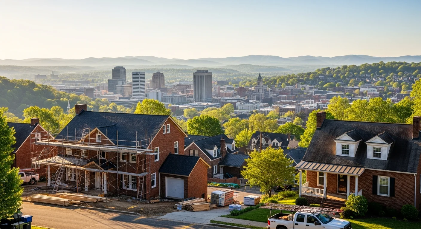 Wide view of Roanoke's downtown skyline with Blue Ridge Mountains in the background and residential neighborhoods in the foreground.