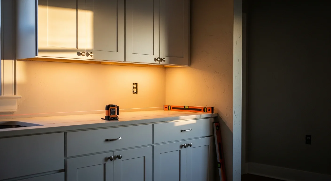 Newly installed kitchen cabinets in a Roanoke home, showing level upper and lower runs with tight scribe lines against the wall. A general contractor checks cabinet alignment during installation in a residential kitchen remodel.