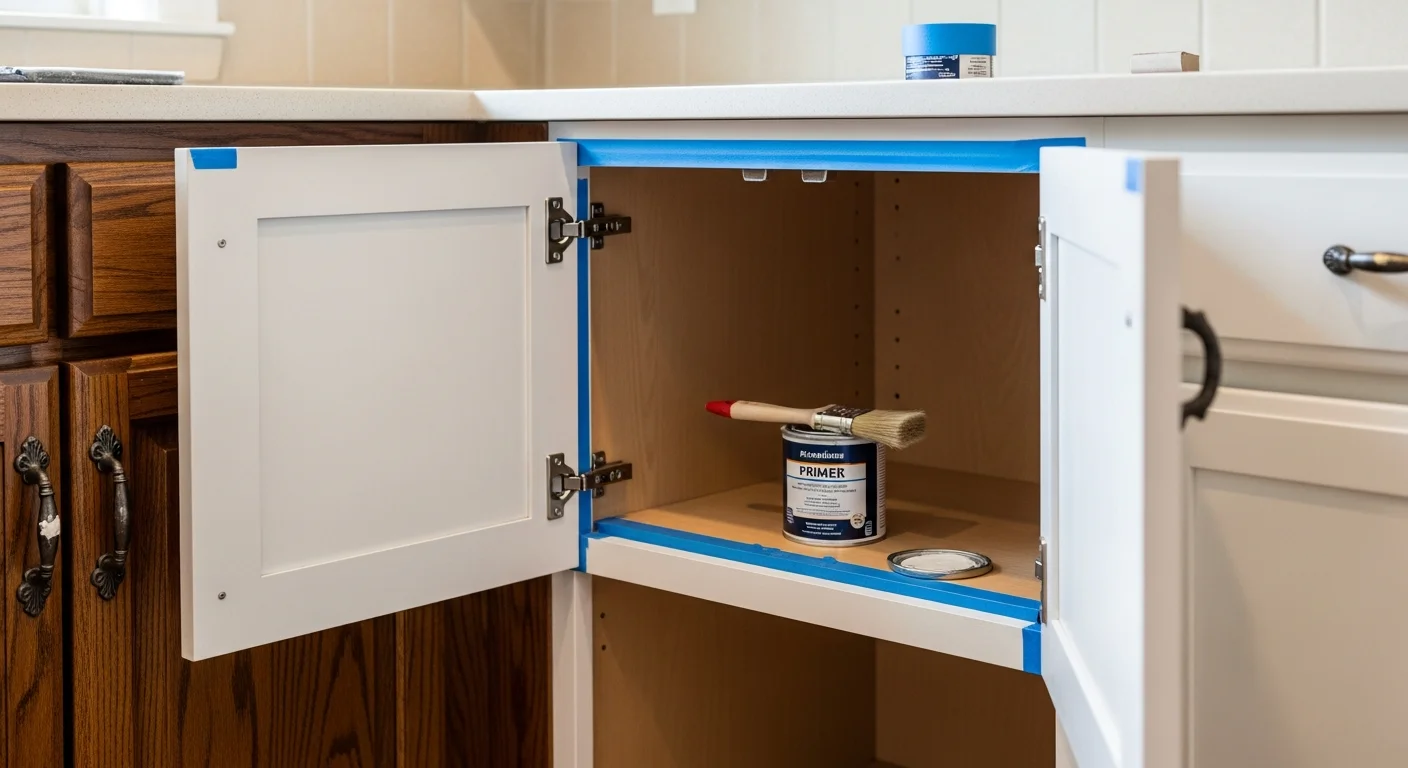 Freshly painted white kitchen cabinets in a Roanoke home with clean brush lines, reinstalled hardware, and open shelving above the counter. The cabinet doors are smooth and even, showing the result of professional surface prep and finish work.