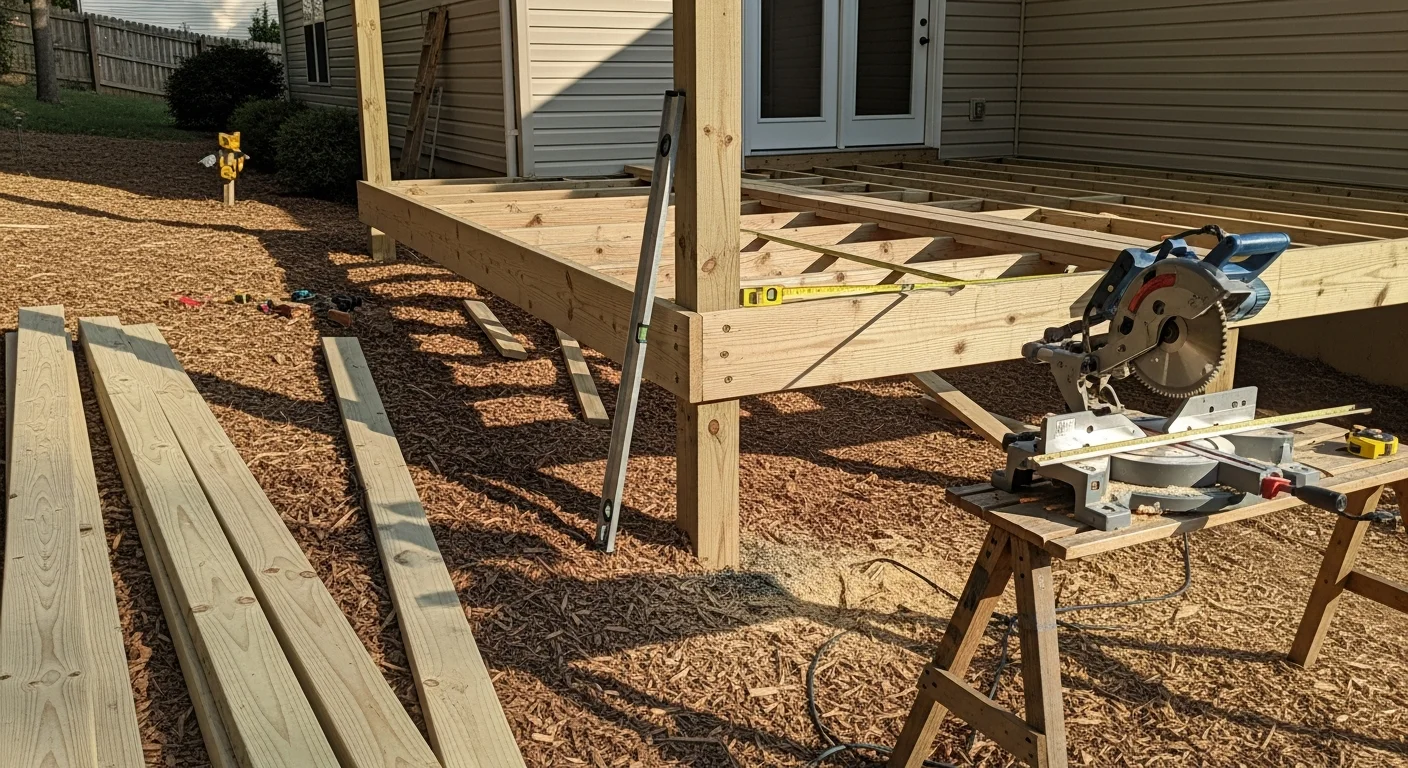 A finished custom multi-level deck built by Dalton Construction on a sloped residential backyard in Roanoke, Virginia, with built-in bench seating and cable railings. The deck extends from the home's rear door and steps down to a lower platform surrounded by mature trees.