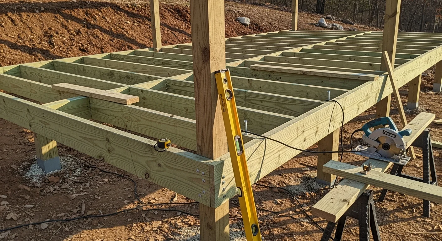A newly built wood deck attached to the back of a residential home in Roanoke, Virginia, with railing and steps leading to a sloped backyard. The deck overlooks a tree-lined yard typical of Southwest Virginia neighborhoods.