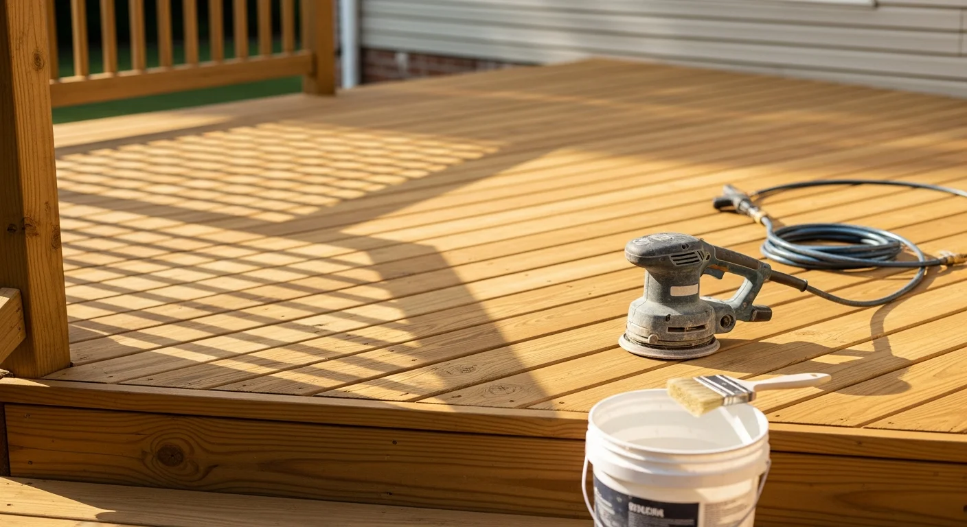 A freshly refinished wood deck on a Roanoke, VA home showing clean, evenly stained boards and smooth railings. The restored surface shows no peeling, graying, or mildew damage from prior weather exposure.