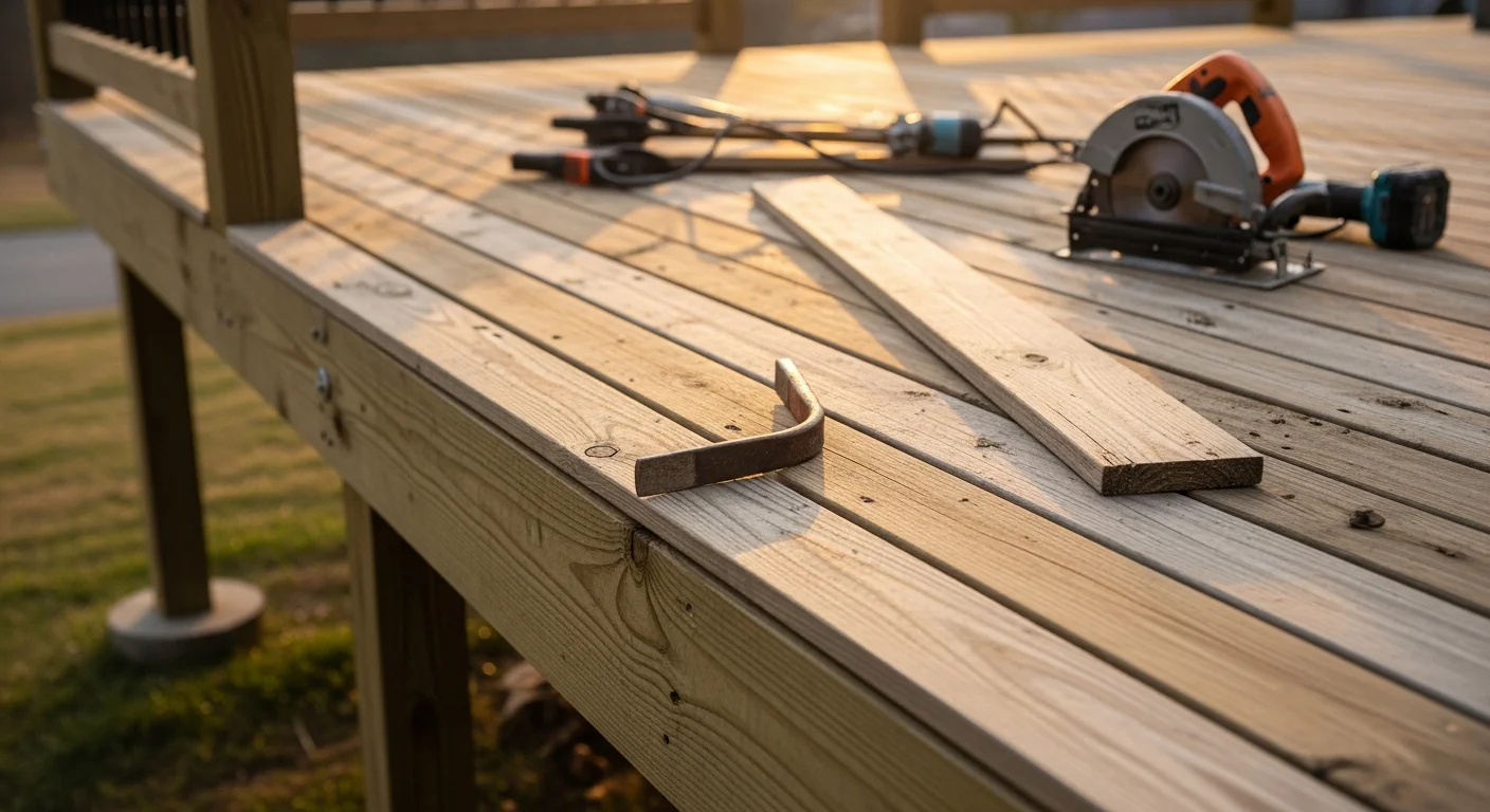 A repaired residential deck in Roanoke, VA showing replaced surface boards and reinforced wood railing posts on a sloped backyard lot. The structure shows clean framing connections and uniform board spacing after professional repair work.