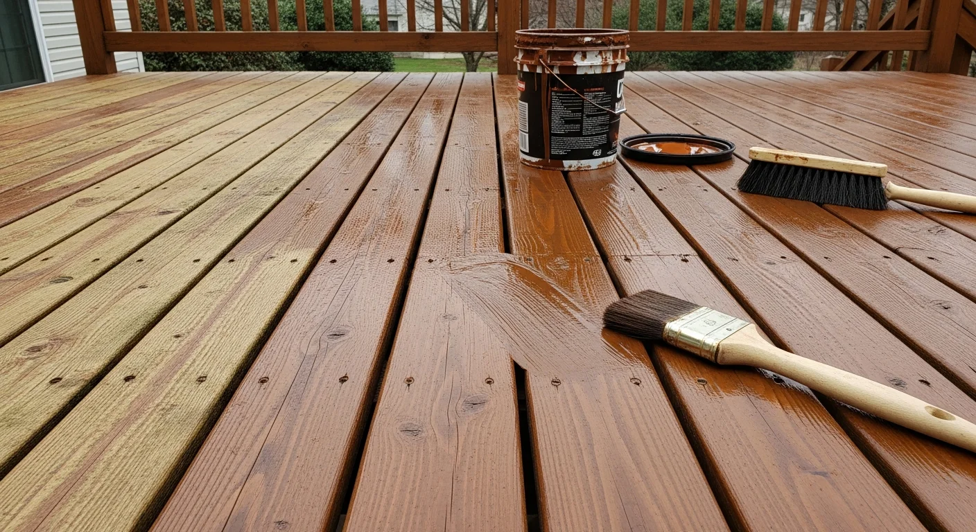 A freshly stained wood deck on a Roanoke, Virginia home showing even color across the boards, railings, and stairs. The stain brings out the natural wood grain with no lap marks or missed sections.