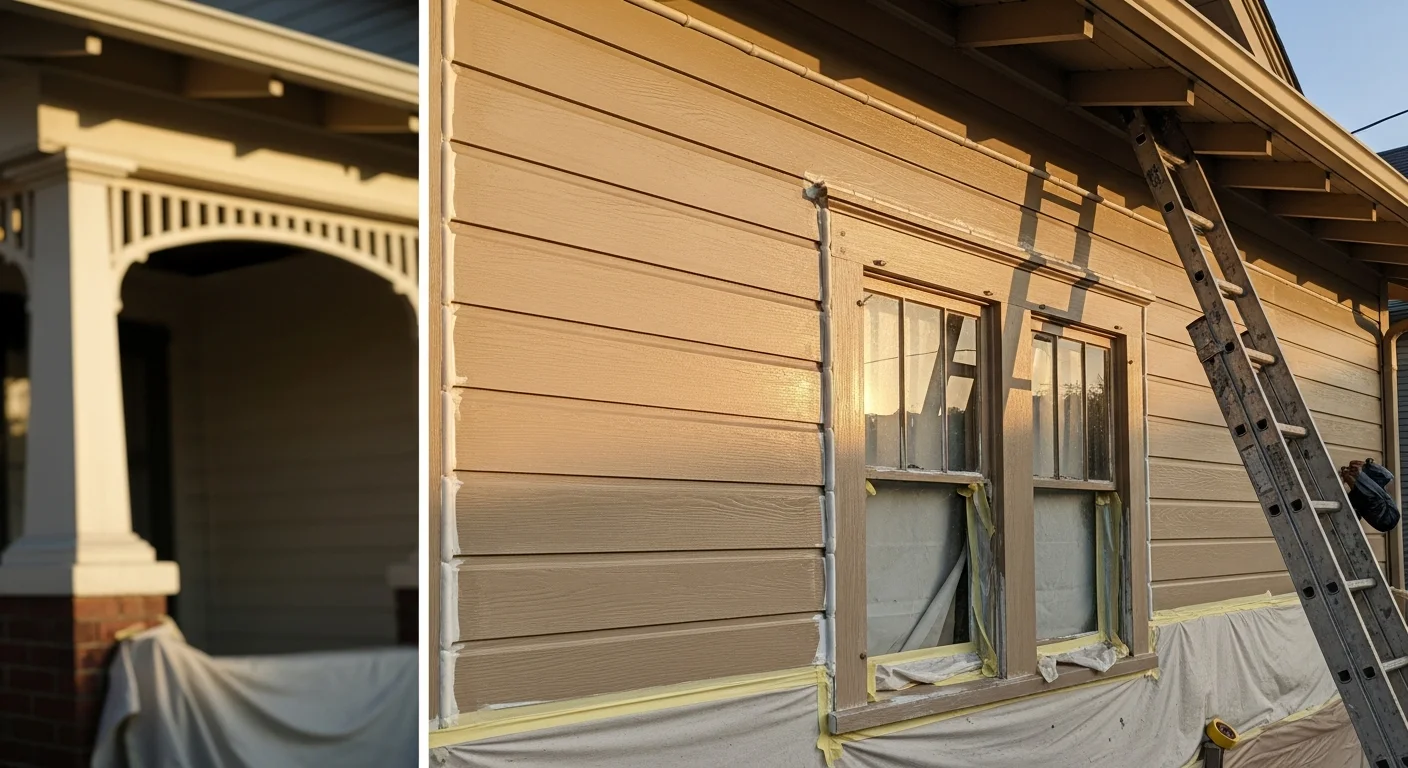 A two-story Craftsman-style home in Roanoke, VA with freshly painted siding, white trim, and a covered front porch. The exterior shows clean, even coverage from a professional repaint by Dalton Construction.