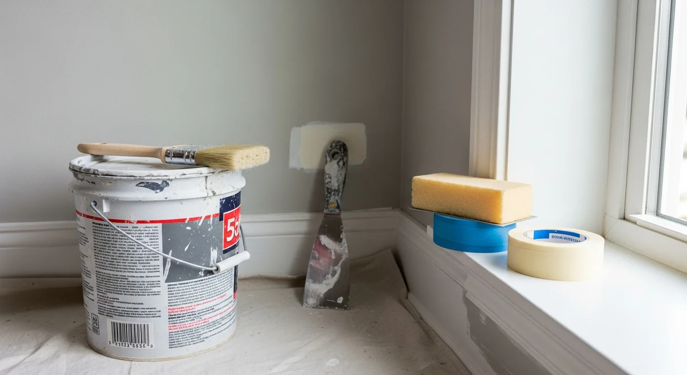 A freshly painted interior room in a Roanoke home showing clean white trim, smooth walls, and even color coverage. A painter's roller and drop cloth are visible on the hardwood floor near the baseboard.