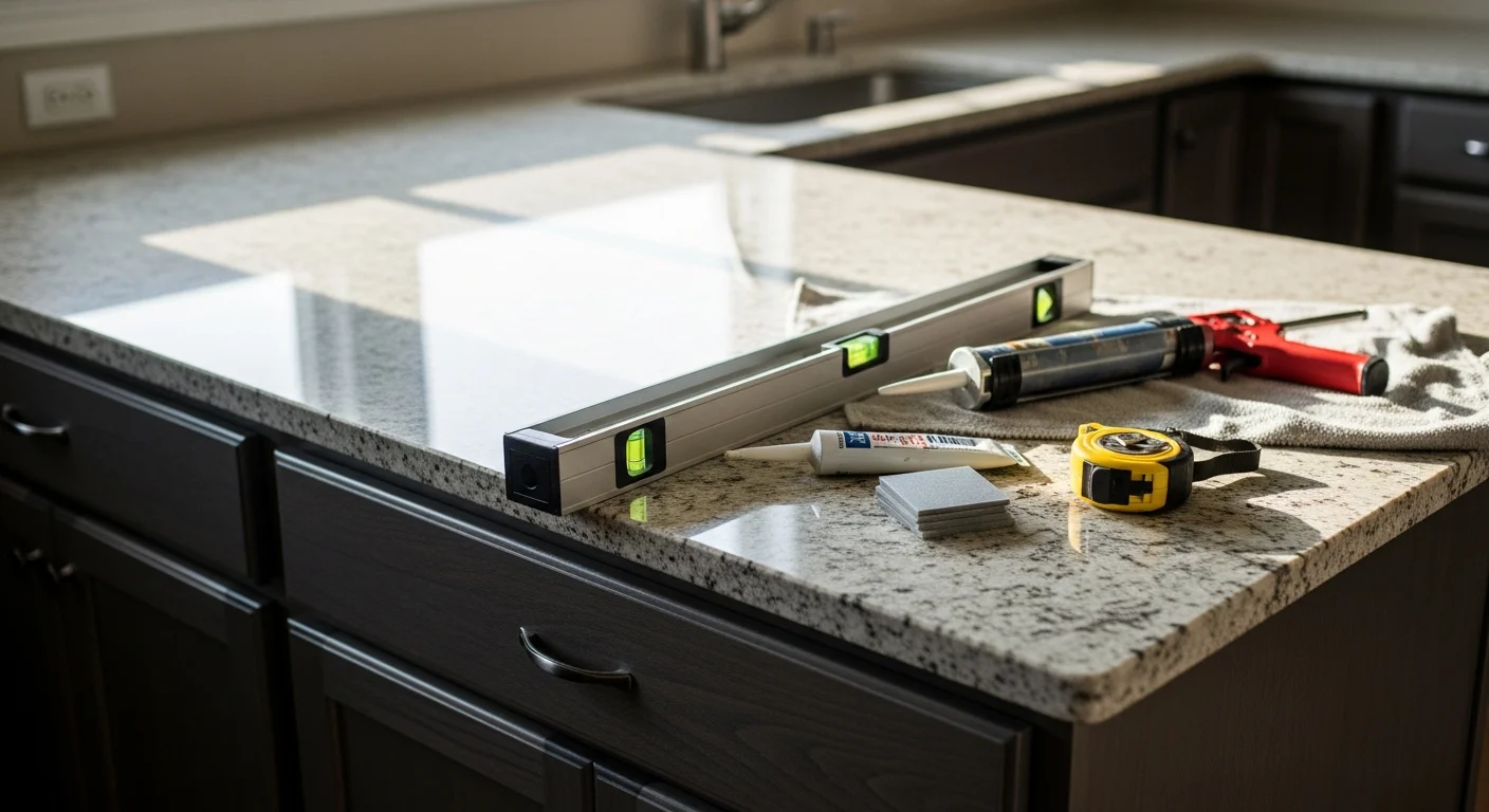 Newly installed kitchen countertop in a Roanoke home, showing a clean surface edge, tight seam at the corner, and finished caulk line where the countertop meets the wall. A general contractor's tools are visible on the side, indicating an active professional installation.