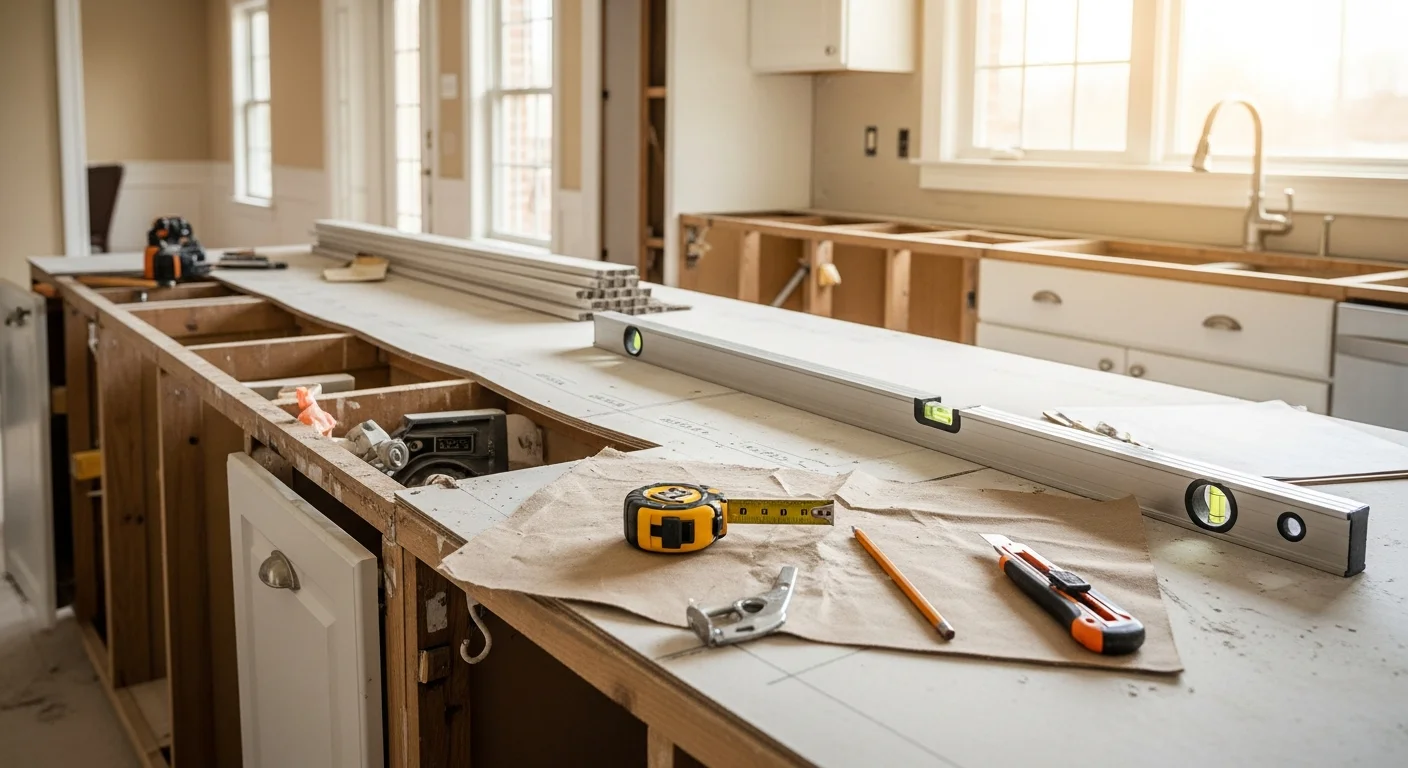 Remodeled kitchen in a Roanoke, Virginia home featuring updated cabinetry, new countertops, and improved lighting over a central work area. The space shows an open layout with hardwood-style flooring completed by a local general contractor.
