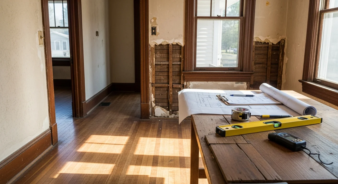 A Dalton Construction general contractor reviewing remodeling plans with a homeowner inside an older craftsman-style home in Roanoke, Virginia. The consultation takes place in a living space with original wood trim and period-era architectural details visible in the background.