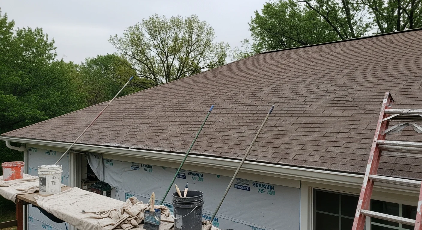 A freshly painted residential roof on a single-family home in Roanoke, Virginia, showing a clean, even coating with no visible staining or moss. A painter from Dalton Construction applies a protective roof coating under clear Blue Ridge Mountain skies.